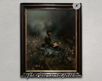 Moody Flower Meadow Literary Bookish Wall Art, Dark Academia Woman Reading Book Library Nook Decor, Stormy Field Victorian Gothic Painting