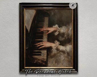 May include: A vintage painting of a woman playing a piano in a dimly lit room. The woman is wearing a white dress and has her hand on the keys. The piano is a dark wood and has a sheet of music on the stand.
