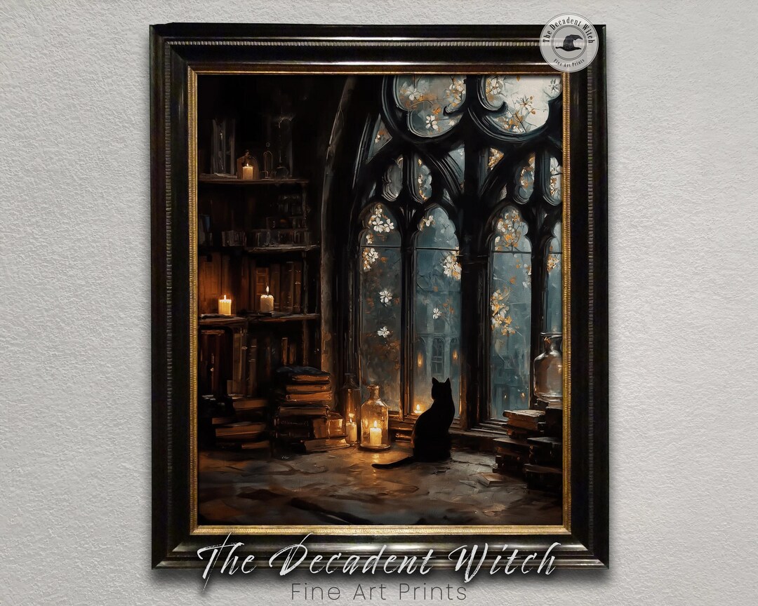 Black Cat in Gothic Library Art Print, Dark Academia Witchy Cat Art ...