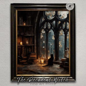 May include: Framed fine art print featuring a gothic interior scene. A black cat sits on a windowsill, overlooking a night scene. Bookshelves, candles, and a large arched window are visible. The text "The Decadent Witch Fine Art Prints" is at the bottom.