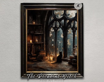 Black Cat in Gothic Library Art Print, Dark Academia Witchy Cat Art, Moody Candlelit Study Decor, Cozy Book Nook Wall Art, Book Lovers Gift