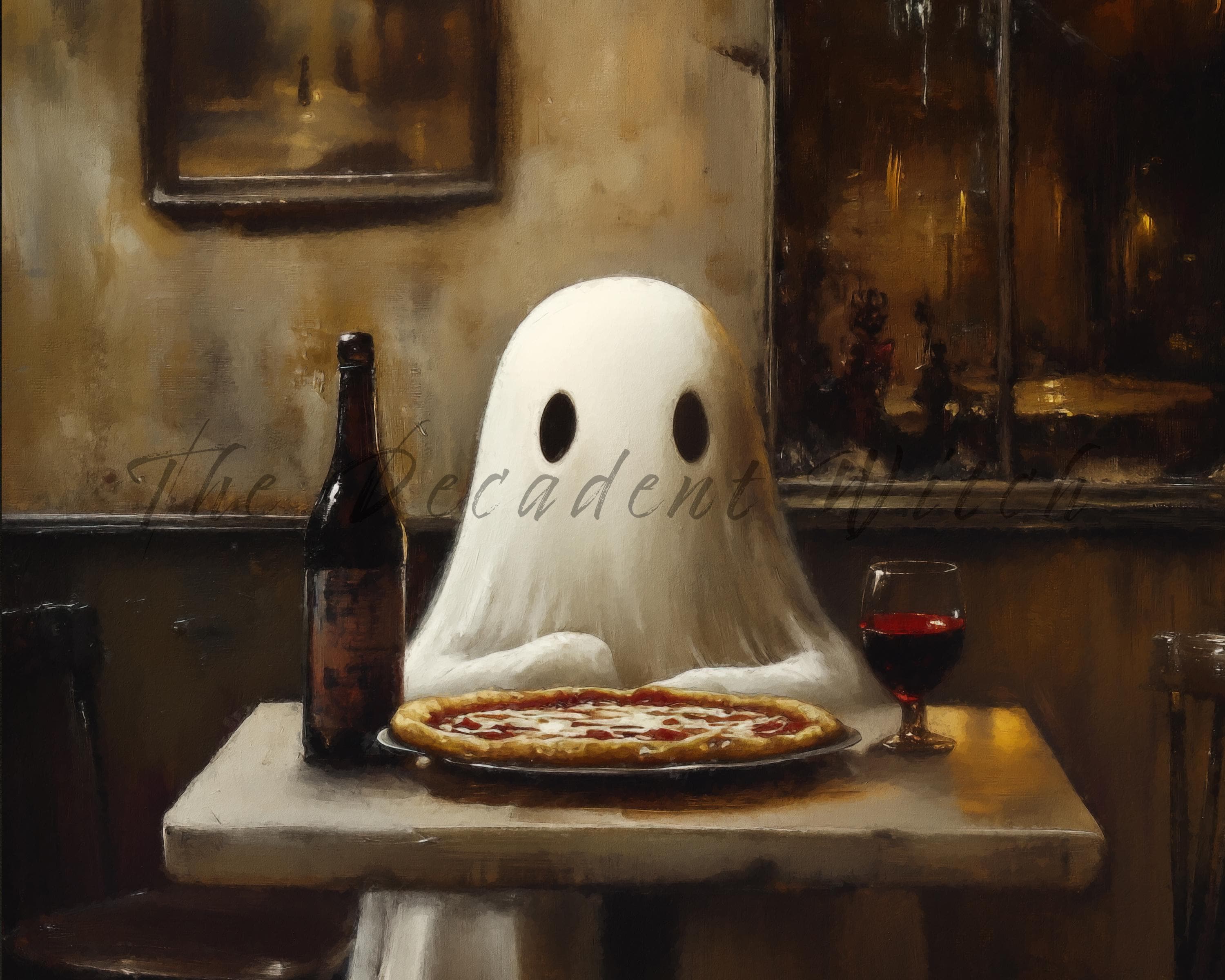 Ghost Eating Pizza Printable Gothic Humor Wall Art, Halloween Ghost ...