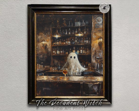 Vintage Ghost Printable Bar Art, Dark Academia Haunted Pub Ghost Painting, Gothic Wall Decor Spooky Halloween Print, Bar Cart Moody Artwork