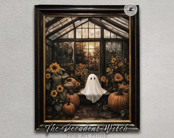 Fantôme dans l'art de serre | Impression d'automne citrouille effrayante | Décoration murale numérique Dark Academia | Téléchargement Halloween Cottagecore | Scène gothique de tournesol