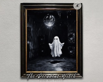 Pintura fantasma en blanco y negro, fantasma de discoteca, academia oscura, decoración de Halloween, arte mural gótico, obra de arte fantasma espeluznante vintage, descarga digital