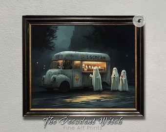 Impression d'art Halloween fantôme mignon, déco vintage effrayant de camion de crème glacée, art mural cottagecore gothique, oeuvre d'art imprimable Académie sombre de mauvaise humeur