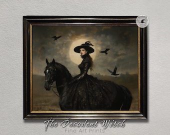Stampa artistica di principessa gotica e corvo a cavallo, stampa artistica da parete estetica dark academia, dipinto a olio stampabile di animali vittoriani in stile dark romance