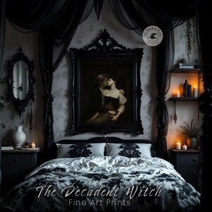May include: A gothic-themed bedroom with a four-poster bed draped in black fabric. The bed features a black and white patterned comforter and pillows. A large framed painting hangs above the bed, and the room is decorated with candles and dark furniture. The text "The Decadent Witch" is visible.