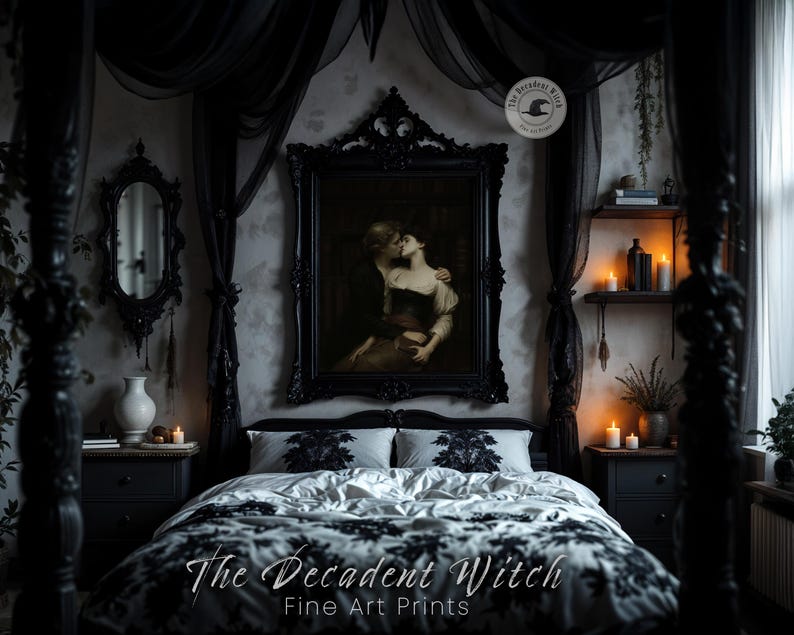 May include: A gothic-themed bedroom with a four-poster bed draped in black fabric. The bed features a black and white patterned comforter and pillows. A large framed painting hangs above the bed, and the room is decorated with candles and dark furniture. The text "The Decadent Witch" is visible.