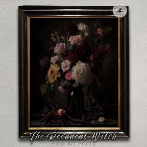 Dark Botanical Rose Flower Printable Art, Vintage Aesthetic Moody Cottagecore Romantic Gothic Painting, Dark Academia Floral Wall Decor