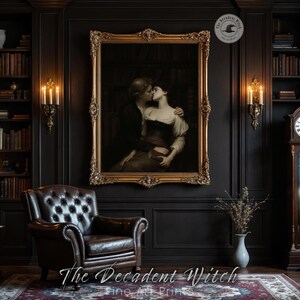May include: A large framed print of a romantic couple kissing, displayed in a dark, elegant room. The room features a leather armchair, bookshelves, a grandfather clock, and candle sconces. The text "The Decadent Witch Fine Art Prints" is visible.