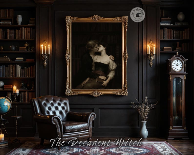 May include: A large framed print of a romantic couple kissing, displayed in a dark, elegant room. The room features a leather armchair, bookshelves, a grandfather clock, and candle sconces. The text "The Decadent Witch Fine Art Prints" is visible.
