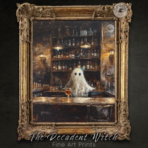 Peut inclure: Une peinture repr&eacute;sentant un fant&ocirc;me assis &agrave; un bar dans une pi&egrave;ce faiblement &eacute;clair&eacute;e. Le fant&ocirc;me est envelopp&eacute; d'un drap blanc et tient un verre de liquide. Le bar est en bois et a une finition brun fonc&eacute;. La pi&egrave;ce est d&eacute;cor&eacute;e de lampes &agrave; l'ancienne et d'une enseigne qui dit "The Decadent Witch".