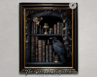 Gothic Raven Bookshelf Art Print – Dark Academia Crow Wall Art, Vintage Book Lover Gift, Moody Library Decor, Mysterious Bird Poster