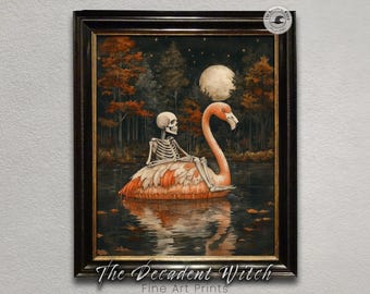 Skeleton Flamingo Wall Art | Spooky Surreal Lake Print | Dark Academia Halloween Decor | Gothic Autumn Forest Scene | Witchy Digital Poster