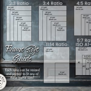 Peut inclure: Un guide des diff&eacute;rentes tailles de cadres pour les &oelig;uvres d'art, avec une vari&eacute;t&eacute; de rapports d'aspect, notamment 2:3, 3:4, 4:5, 5:7, 11:14 et ISO A1-A4. Le guide comprend des mesures en pouces et en centim&egrave;tres. Le texte "Frame Size Guide" est &eacute;crit en grande police en haut de l'image. Le texte "Chaque ratio peut &ecirc;tre redimensionn&eacute; et imprim&eacute; pour s'adapter &agrave; l'une de ces tailles de cadres !" est &eacute;crit sous le guide.