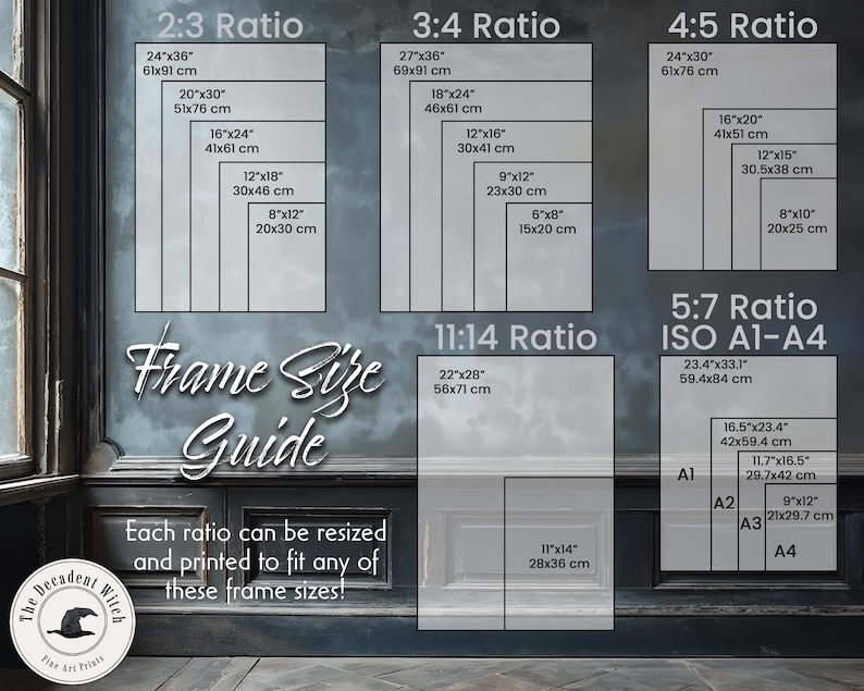 Peut inclure: Un guide des diff&eacute;rentes tailles de cadres pour les &oelig;uvres d'art, avec une vari&eacute;t&eacute; de rapports d'aspect, notamment 2:3, 3:4, 4:5, 5:7, 11:14 et ISO A1-A4. Le guide comprend des mesures en pouces et en centim&egrave;tres. Le texte "Frame Size Guide" est &eacute;crit en grande police en haut de l'image. Le texte "Chaque ratio peut &ecirc;tre redimensionn&eacute; et imprim&eacute; pour s'adapter &agrave; l'une de ces tailles de cadres !" est &eacute;crit sous le guide.