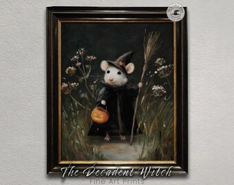 Victoriaanse heks muis kunstafdruk | Gotische cottagecore-muurdecoratie | Donkere dierenillustratie uit de academische wereld | Grillige betoverde Halloween-poster