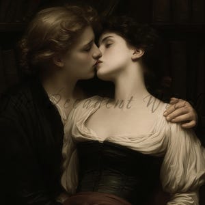 May include: A romantic, sepia-toned painting depicts two people in an intimate embrace. One person, in a black top, gently holds the other, who wears a white blouse and black corset. The background suggests a library setting with visible bookshelves.