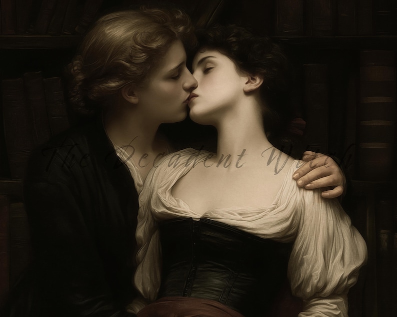 May include: A romantic, sepia-toned painting depicts two people in an intimate embrace. One person, in a black top, gently holds the other, who wears a white blouse and black corset. The background suggests a library setting with visible bookshelves.