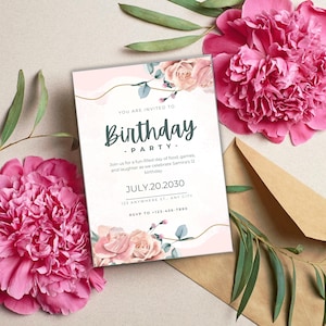 Faire-part d'anniversaire floral rose, invitation électronique d'anniversaire fleur rose poudré, tout âge, modèle de toile modifiable, téléchargement immédiat, PF1