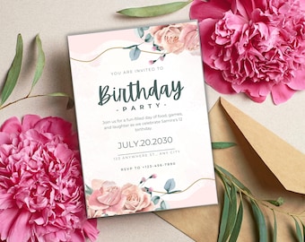 Pink Floral Birthday Invitation, Editable Canva Template (Digital Download)