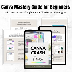 以下が含まれることがあります： 無料およびプロユーザー向けのCanva Crash Courseを表示するデジタル画面。画面は、「ワークスペースのナビゲーション」や「ツールの続き」などのタイトルが付けられた他のドキュメントで囲まれています。