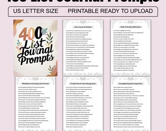 400 List Journal Prompts, Self-Reflection, Gratitude (Printable)
