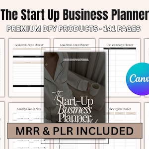May include: A digital business planner with the title "The Start Up Business Planner" and the text "Premium DFY Products - 141 Pages." The image includes pages for vision statements, goal planning, and action steps. The Canva logo is visible.