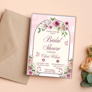 Hot Pink Bridal Shower Invitation, Floral Elegant Bridal Shower Invite, Magenta Fuchsia Bridal Brunch, Editable Template, Instant Download