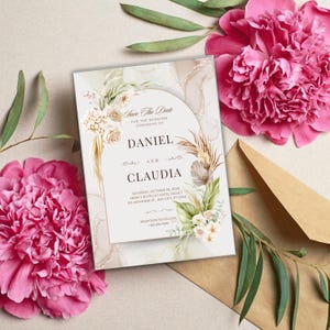 Modelo de convite de casamento em aquarela marrom e creme, convite eletrônico floral elegante, download digital, convite de casamento editável em PDF