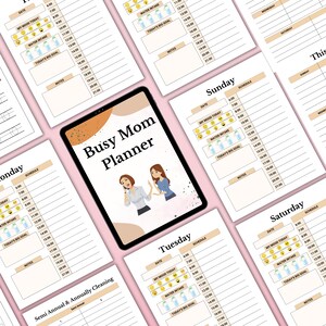 May include: A digital Busy Mom Planner displayed on a tablet, surrounded by printed planner pages. The tablet features the title "Busy Mom Planner" with illustrations. The planner pages have daily schedules, mood trackers, and water intake sections.
