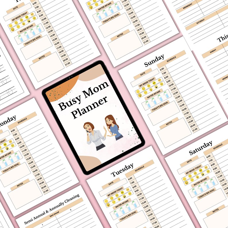 May include: A digital Busy Mom Planner displayed on a tablet, surrounded by printed planner pages. The tablet features the title "Busy Mom Planner" with illustrations. The planner pages have daily schedules, mood trackers, and water intake sections.