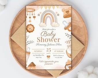 Brown Watercolor Baby Shower Invitation, Editable Canva Template (Digital Download)