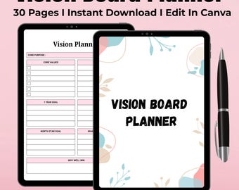 Vision Board Planner, Editable Canva Template (PDF)