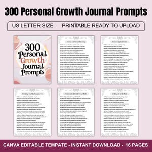 300 indicaciones para un diario de crecimiento personal / Editable en Canva / Autodescubrimiento, Mentalidad, Confianza, Reflexión, Gratitud, Fijación de metas