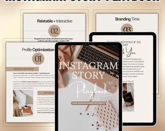 May include: A digital marketing playbook with a brown and white color scheme. The cover features a laptop with a notebook on top of it. The title of the playbook is "Instagram Story Playbook: Turn Your Followers Into Profit".
