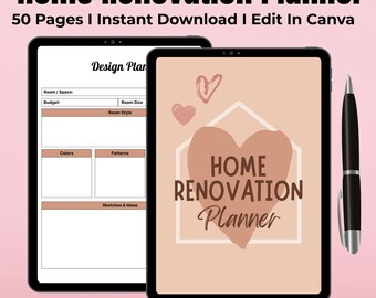 May include: Two tablets displaying a digital home renovation planner. The planner includes sections for design plans, room details, and ideas. The cover design features a heart and the words "Home Renovation Planner". A black pen is positioned beside the tablets.