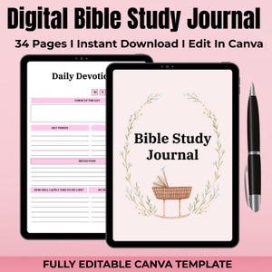 Puede incluir: Una plantilla de diario de estudio bíblico digital con 34 páginas. La portada presenta una corona floral con un cochecito de bebé en el centro. El texto "Bible Study Journal" está escrito en blanco sobre un fondo rosa. La plantilla es totalmente editable en Canva.