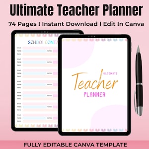 May include: A digital planner template for teachers, with a pink and white color scheme. The template includes a contact list, a planner section, and the text "Ultimate Teacher Planner".
