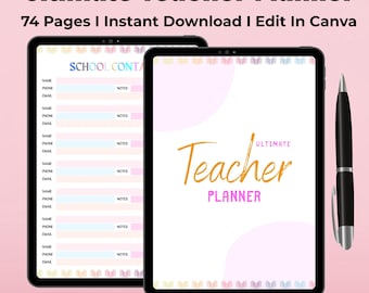 May include: A digital planner template for teachers, with a pink and white color scheme. The template includes a contact list, a planner section, and the text "Ultimate Teacher Planner".