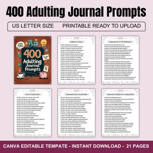 400 sugerencias para un diario de vida adulta / Autodescubrimiento, mentalidad, productividad y habilidades para la vida / Descarga digital / Diario para el crecimiento y la confianza