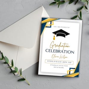 Invito di laurea blu e giallo, invito di laurea semplice modificabile, modello di festa di primavera colorato stampabile, biglietto di laurea scaricabile immediatamente