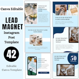 Może przedstawiać: Szablon postu na Instagramie w kolorze niebieskim i białym z tekstem "Lead Magnet" i "Szablon postu na Instagramie". Szablon zawiera różne obrazy i pola tekstowe, w tym przycisk wezwania do działania. Szablon został zaprojektowany, aby pomóc firmom w promowaniu swoich magnesów na leady.