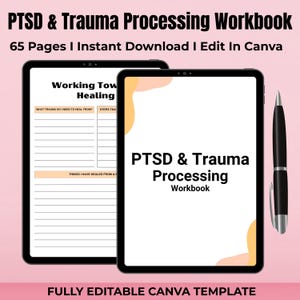 Puede incluir: Una tableta digital que muestra un libro de trabajo imprimible titulado "PTSD & Trauma Processing Workbook". El libro de trabajo está diseñado para ayudar a las personas a superar los traumas y la curación. La tableta está sobre una superficie rosa con un bolígrafo negro al lado.