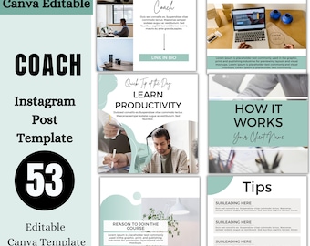 Puede incluir: Una plantilla de Canva para una publicación de Instagram que promociona un entrenador en línea. La plantilla presenta un esquema de color verde y blanco con texto que dice "Entrenador en línea", "Aprender productividad", "Cómo funciona", "Consejos" y "Razón para unirse al curso".