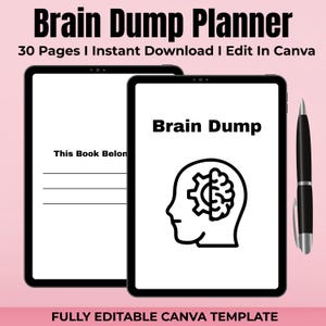 Op de afbeelding: Een digitale planner-sjabloon voor het brainstormen van ideeën. De sjabloon bevat een zwart-witte illustratie van een hoofd met een tandwiel en een brein erin. De tekst "Brain Dump" staat bovenaan de sjabloon. De tekst "This Book Belongs To" staat bovenaan de linkerpagina. De tekst "FULLY EDITABLE CANVA TEMPLATE" staat onderaan de sjabloon.
