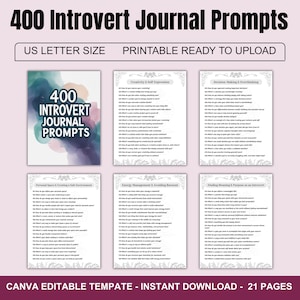 400 indicaciones para el diario de introvertidos / Editables en Canva / Indicaciones de autodescubrimiento profundo y crecimiento personal para introvertidos / Listos para KDP e imprimir