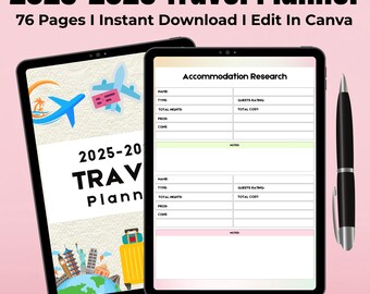 2025-2026 Travel Planner, Editable Itinerary Template (Digital Download)