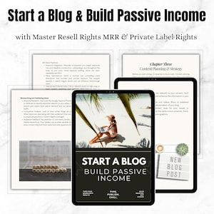 May include: Image promoting blogging and passive income. The image features a tablet displaying a beach scene with a person using a laptop. Text on the tablet reads "Start a Blog & Build Passive Income." Other documents and text blocks are also visible.
